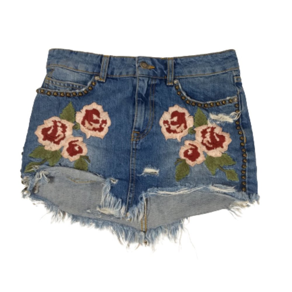 Free People Denim Mini Skirt Floral Embroidered Women's Size 25